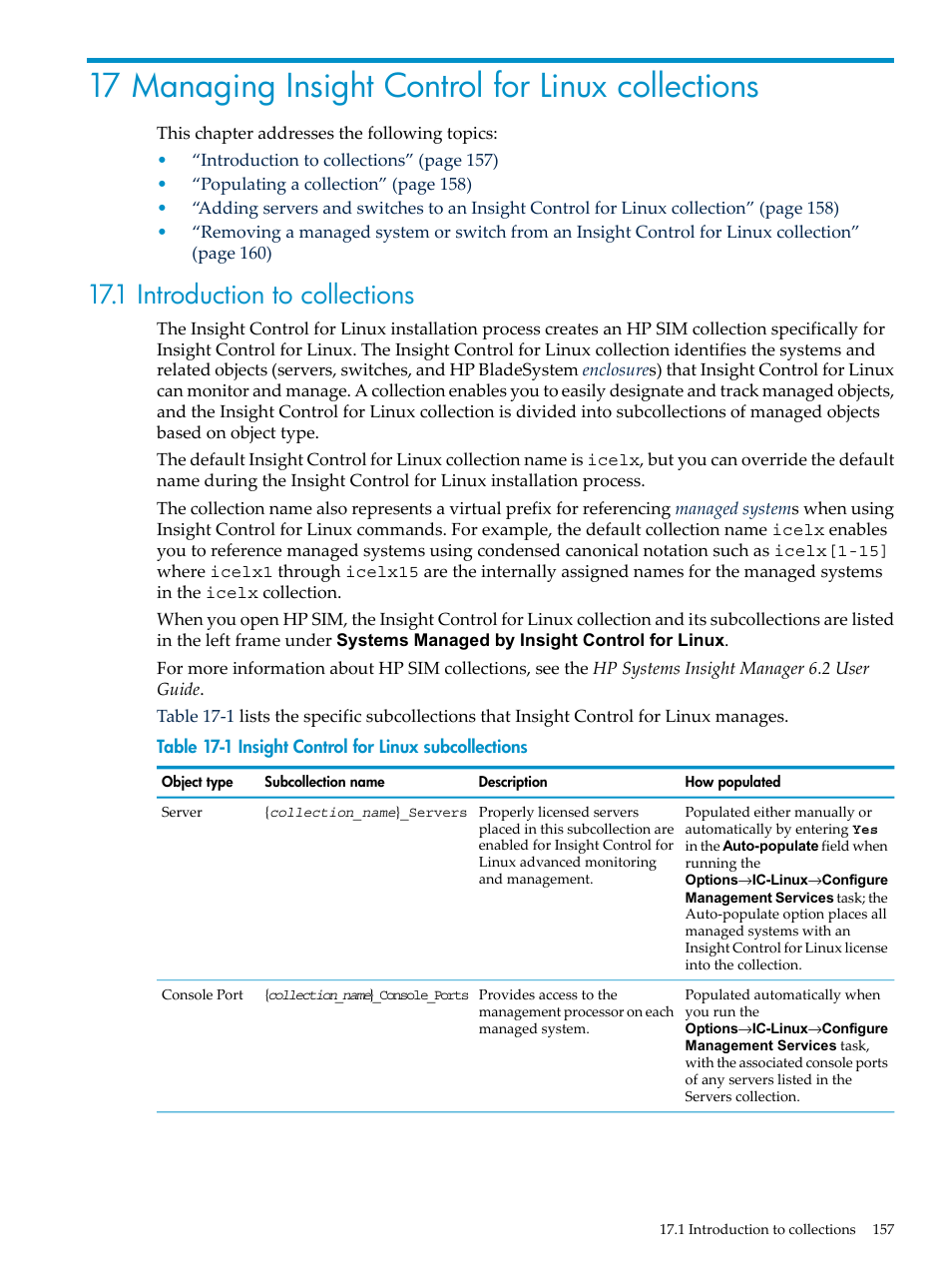 17 managing insight control for linux collections, 1 introduction to collections | HP Insight Control Software for Linux User Manual | Page 157 / 288