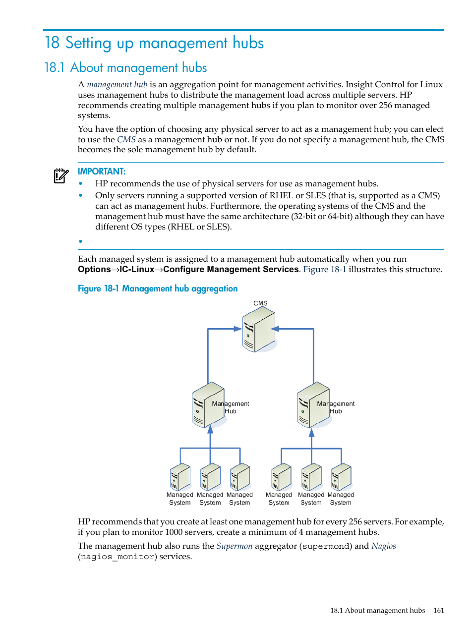 18 setting up management hubs, 1 about management hubs | HP Insight Control Software for Linux User Manual | Page 161 / 288