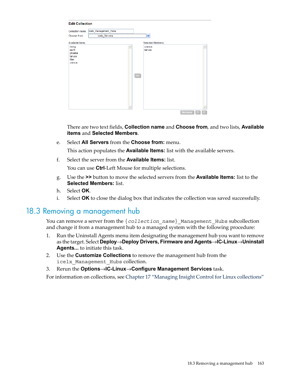 3 removing a management hub | HP Insight Control Software for Linux User Manual | Page 163 / 288