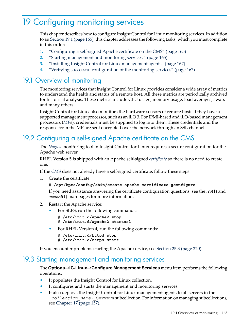 19 configuring monitoring services, 1 overview of monitoring, 3 starting management and monitoring services | HP Insight Control Software for Linux User Manual | Page 165 / 288