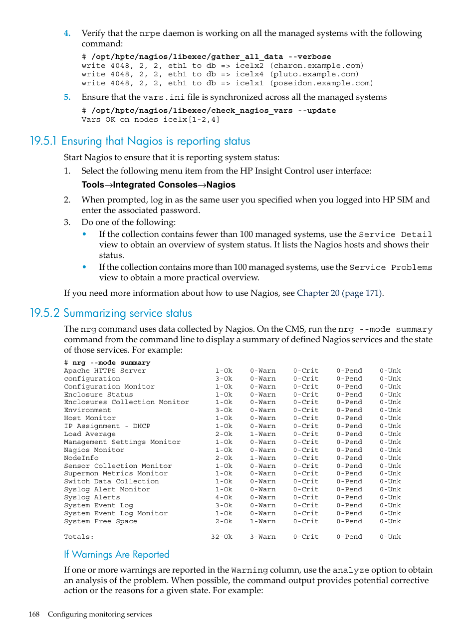 1 ensuring that nagios is reporting status, 2 summarizing service status | HP Insight Control Software for Linux User Manual | Page 168 / 288