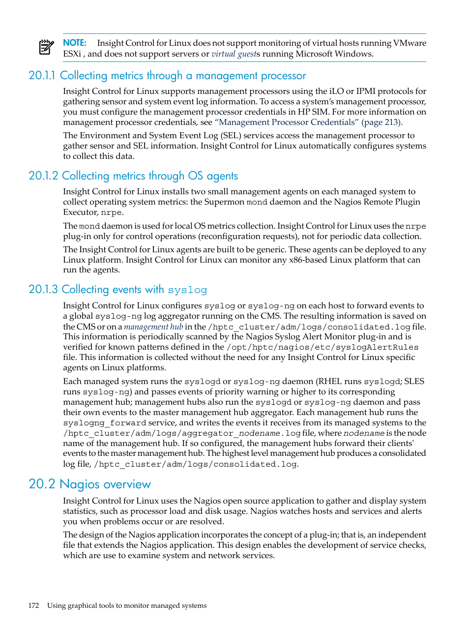 2 collecting metrics through os agents, 3 collecting events with syslog, 2 nagios overview | HP Insight Control Software for Linux User Manual | Page 172 / 288