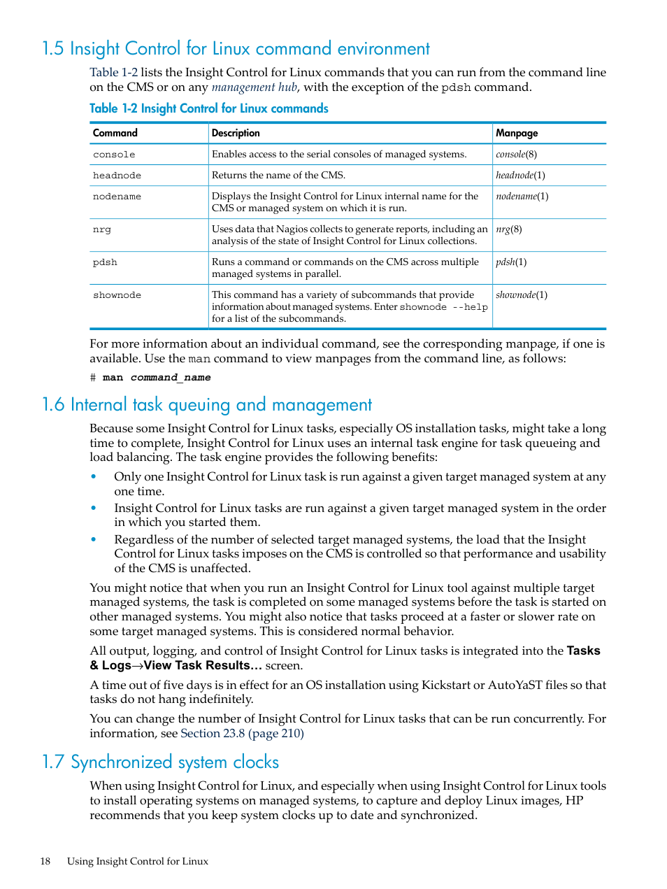 5 insight control for linux command environment, 6 internal task queuing and management, 7 synchronized system clocks | HP Insight Control Software for Linux User Manual | Page 18 / 288