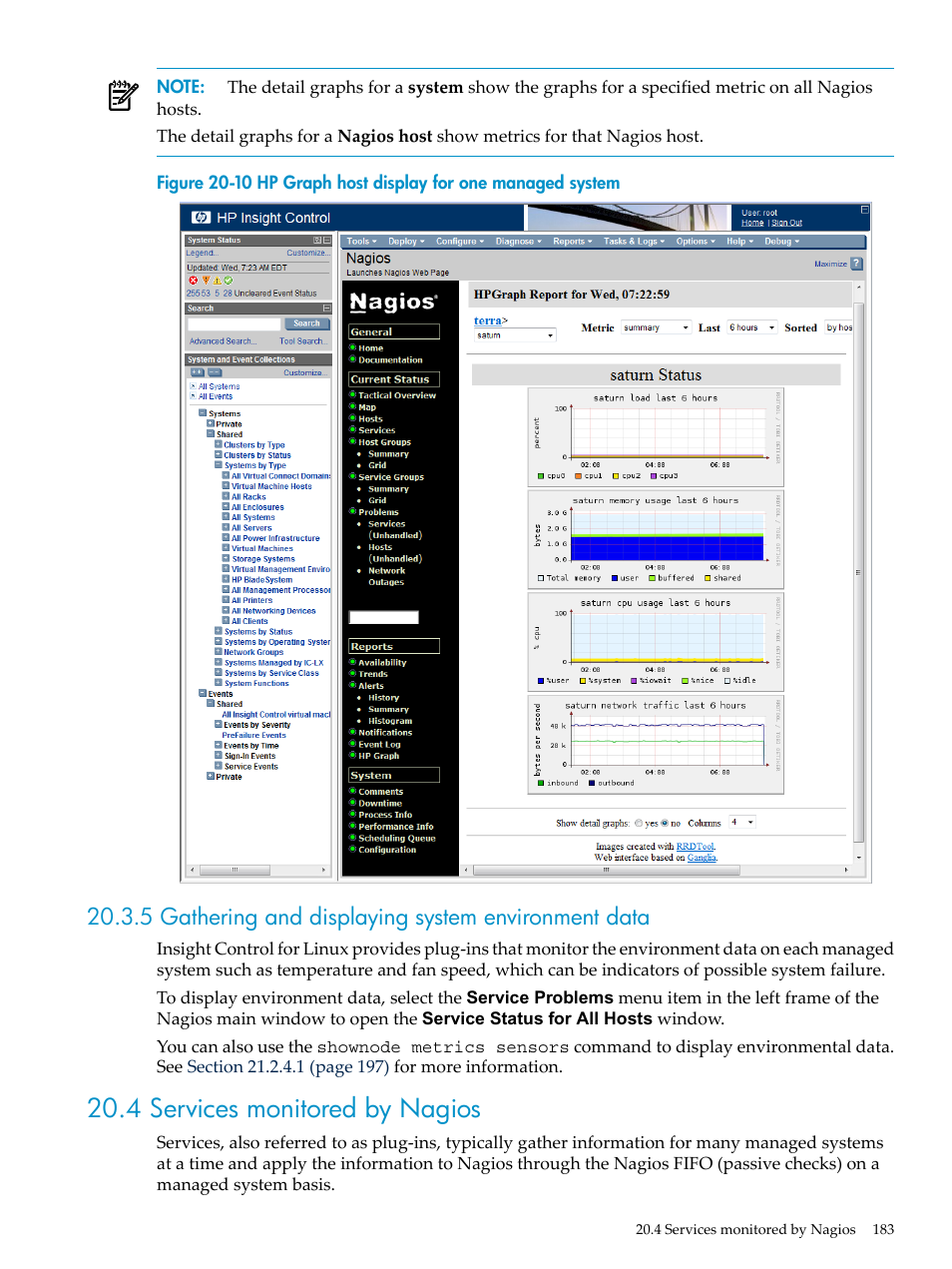 5 gathering and displaying system environment data, 4 services monitored by nagios | HP Insight Control Software for Linux User Manual | Page 183 / 288