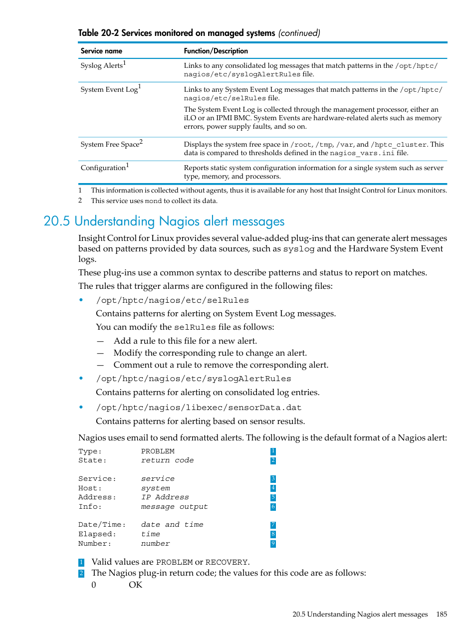 5 understanding nagios alert messages, Syslog alerts | HP Insight Control Software for Linux User Manual | Page 185 / 288