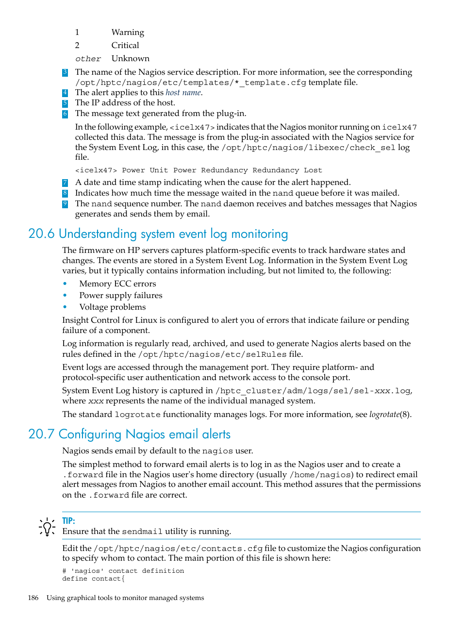 6 understanding system event log monitoring, 7 configuring nagios email alerts | HP Insight Control Software for Linux User Manual | Page 186 / 288