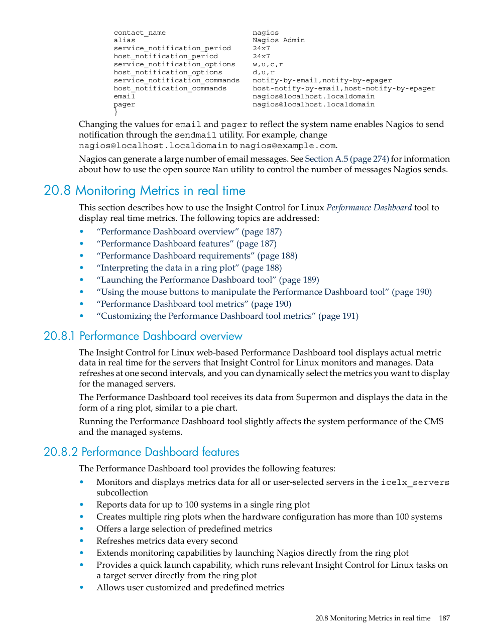 8 monitoring metrics in real time, 1 performance dashboard overview, 2 performance dashboard features | HP Insight Control Software for Linux User Manual | Page 187 / 288