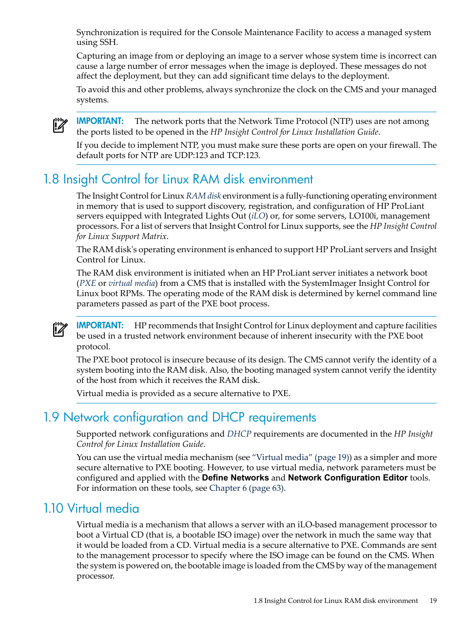 8 insight control for linux ram disk environment, 9 network configuration and dhcp requirements, 10 virtual media | HP Insight Control Software for Linux User Manual | Page 19 / 288