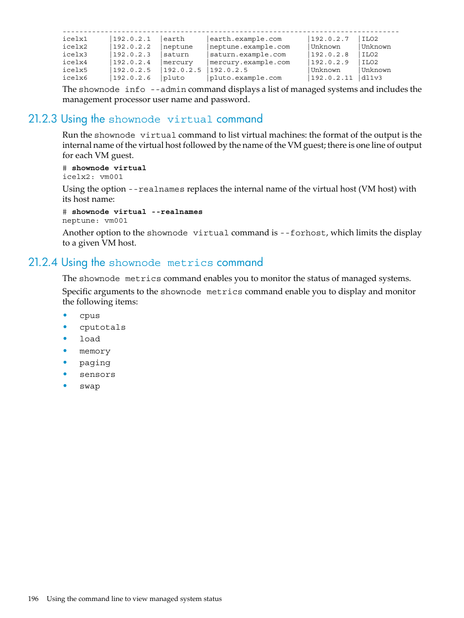 3 using the shownode virtual command, 4 using the shownode metrics command | HP Insight Control Software for Linux User Manual | Page 196 / 288