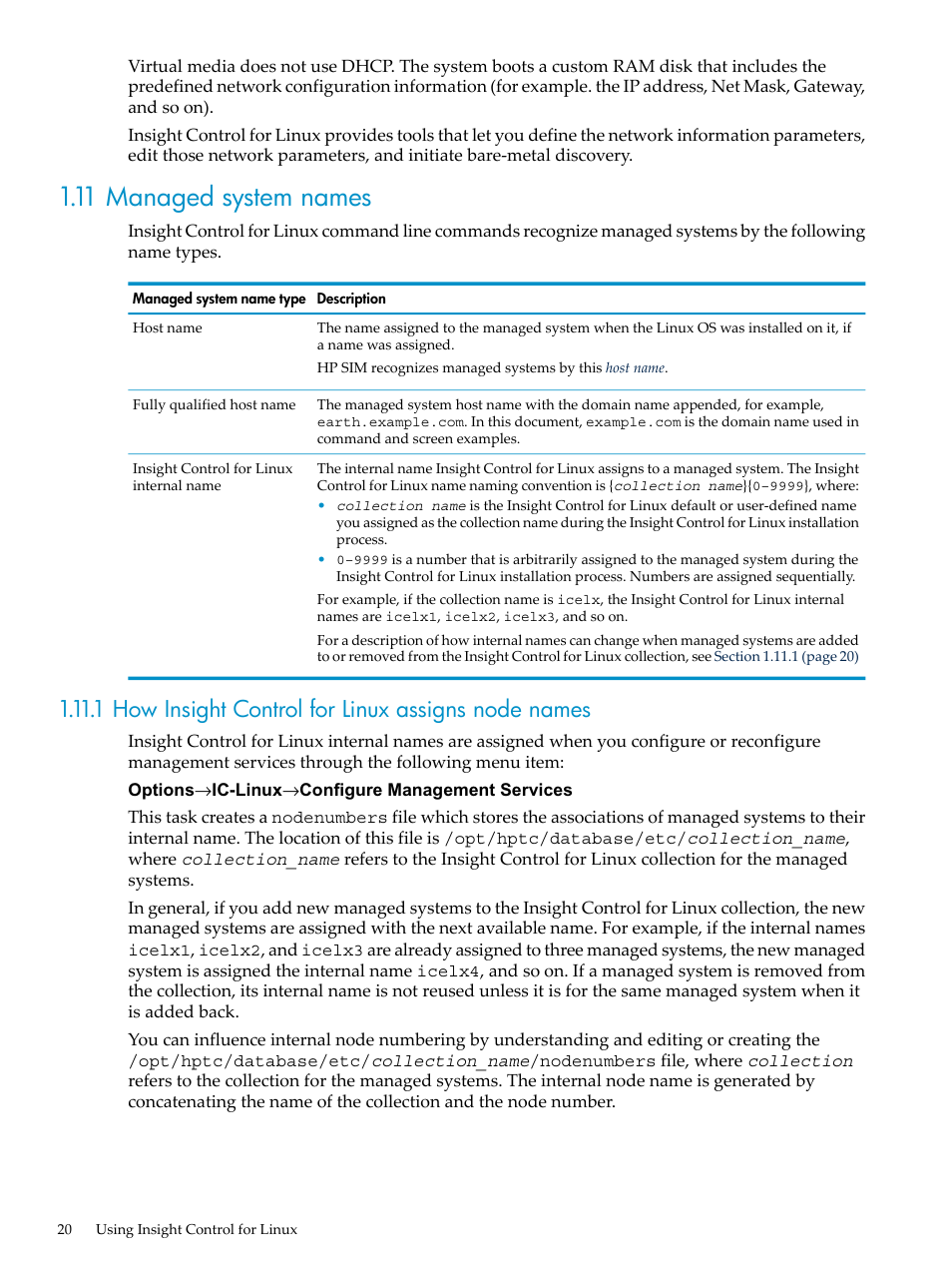 11 managed system names, 1 how insight control for linux assigns node names | HP Insight Control Software for Linux User Manual | Page 20 / 288