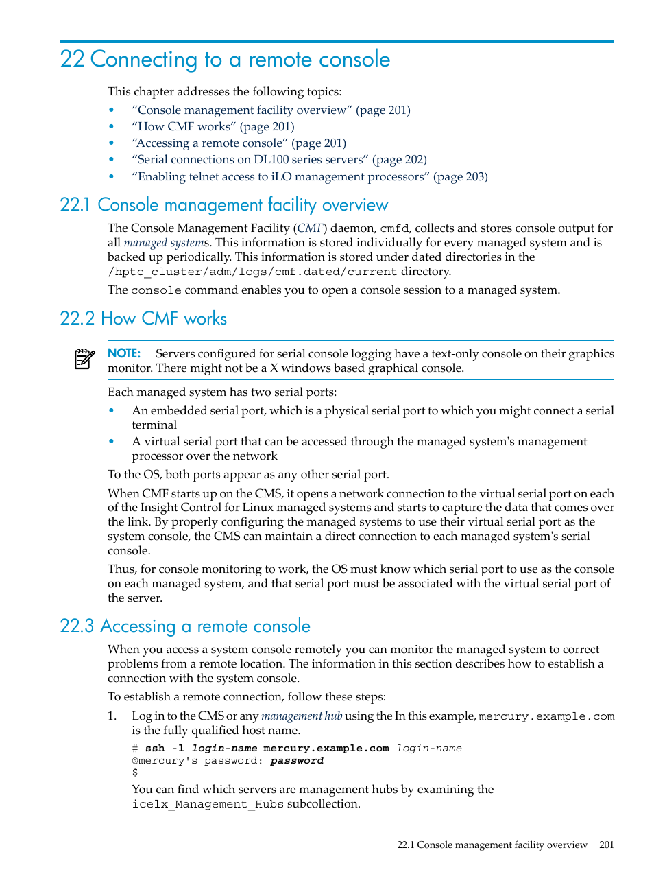 22 connecting to a remote console, 1 console management facility overview, 2 how cmf works | 3 accessing a remote console | HP Insight Control Software for Linux User Manual | Page 201 / 288