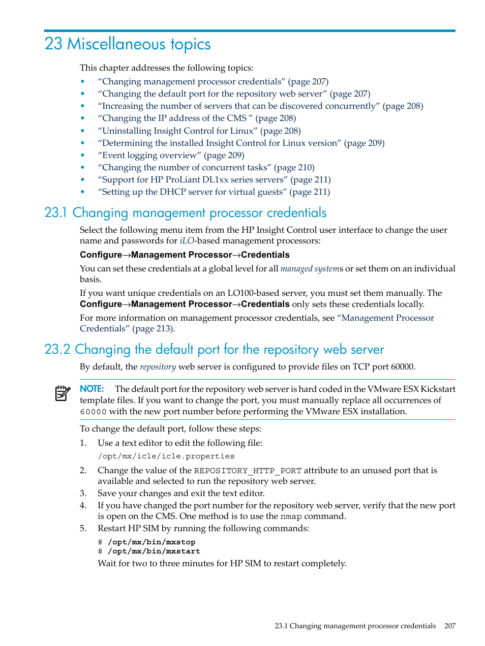 23 miscellaneous topics, 1 changing management processor credentials, Section 23.1 | HP Insight Control Software for Linux User Manual | Page 207 / 288