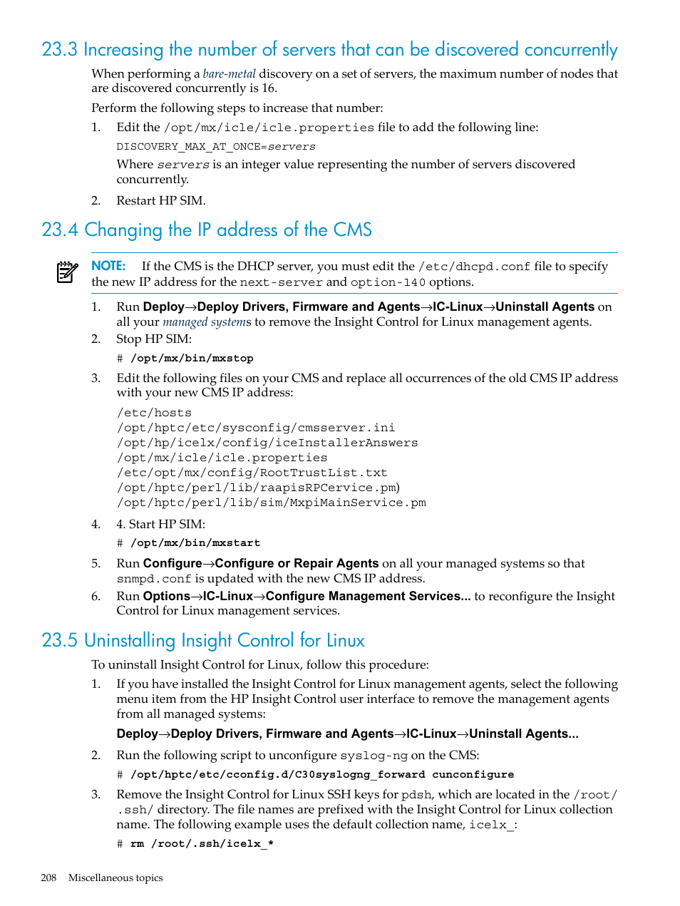 4 changing the ip address of the cms, 5 uninstalling insight control for linux | HP Insight Control Software for Linux User Manual | Page 208 / 288