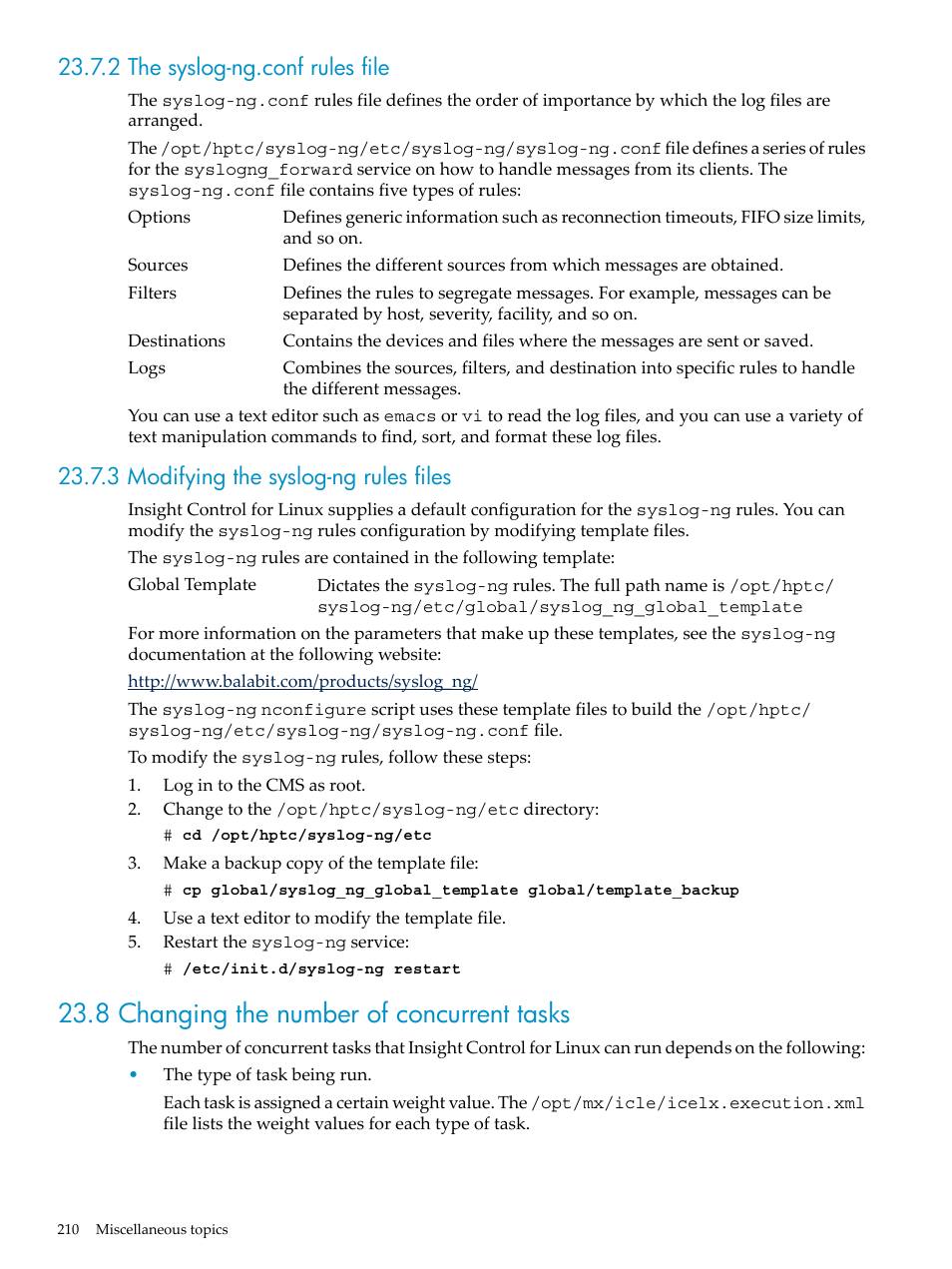 2 the syslog-ng.conf rules file, 3 modifying the syslog-ng rules files, 8 changing the number of concurrent tasks | HP Insight Control Software for Linux User Manual | Page 210 / 288