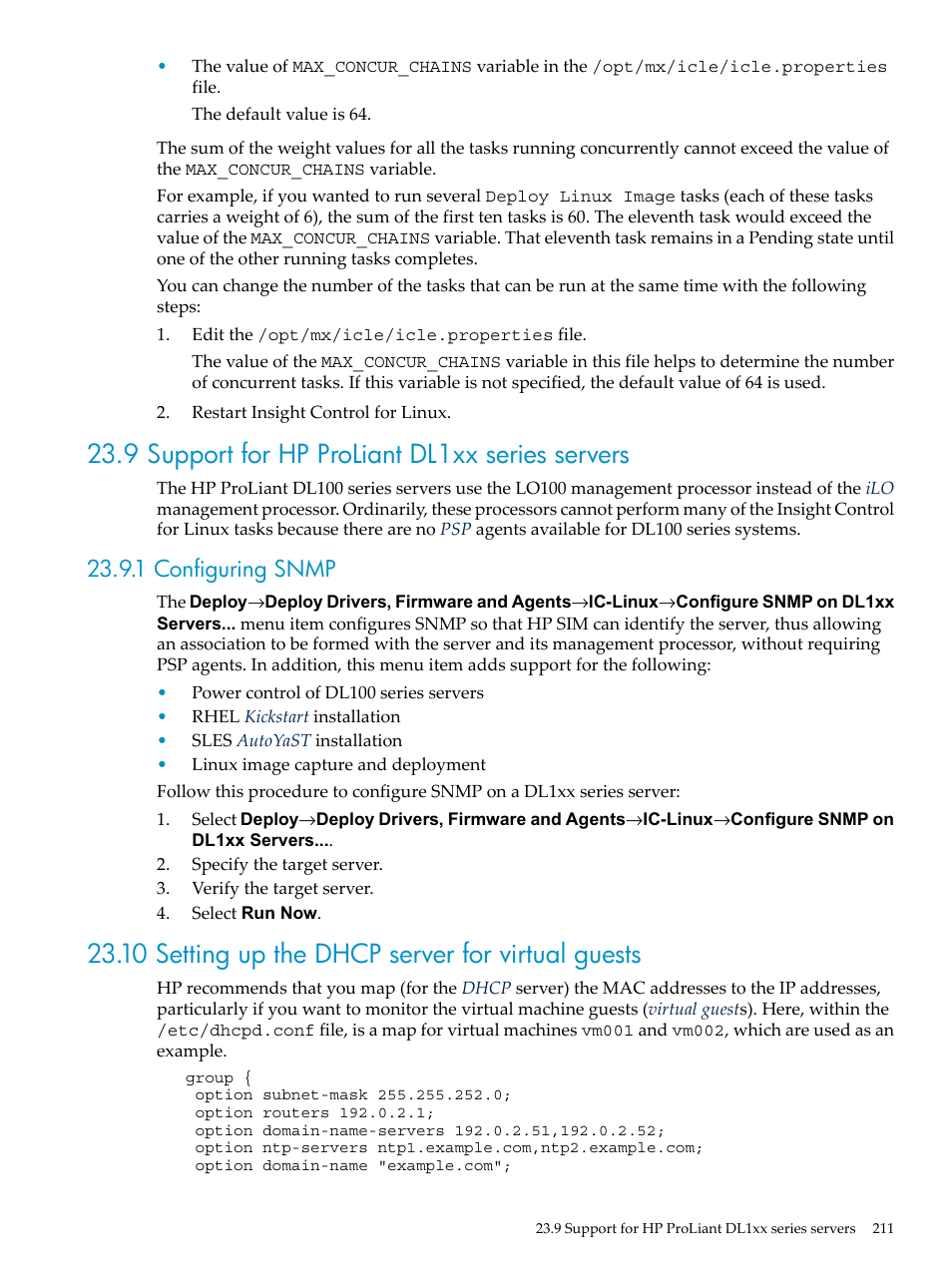 9 support for hp proliant dl1xx series servers, 1 configuring snmp, 10 setting up the dhcp server for virtual guests | Section 23.10 | HP Insight Control Software for Linux User Manual | Page 211 / 288