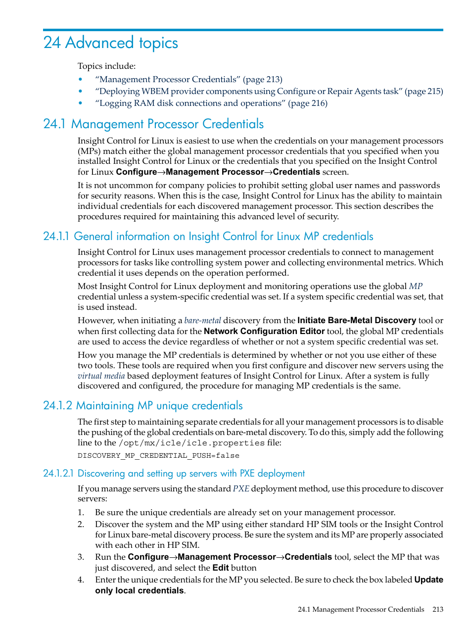 24 advanced topics, 1 management processor credentials, 2 maintaining mp unique credentials | Management processor | HP Insight Control Software for Linux User Manual | Page 213 / 288