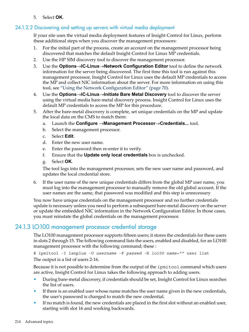 3 lo100 management processor credential storage | HP Insight Control Software for Linux User Manual | Page 214 / 288