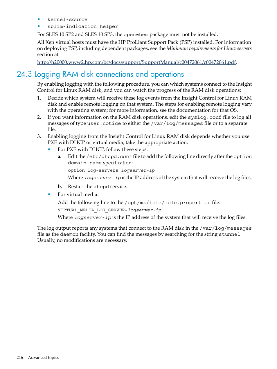 3 logging ram disk connections and operations | HP Insight Control Software for Linux User Manual | Page 216 / 288