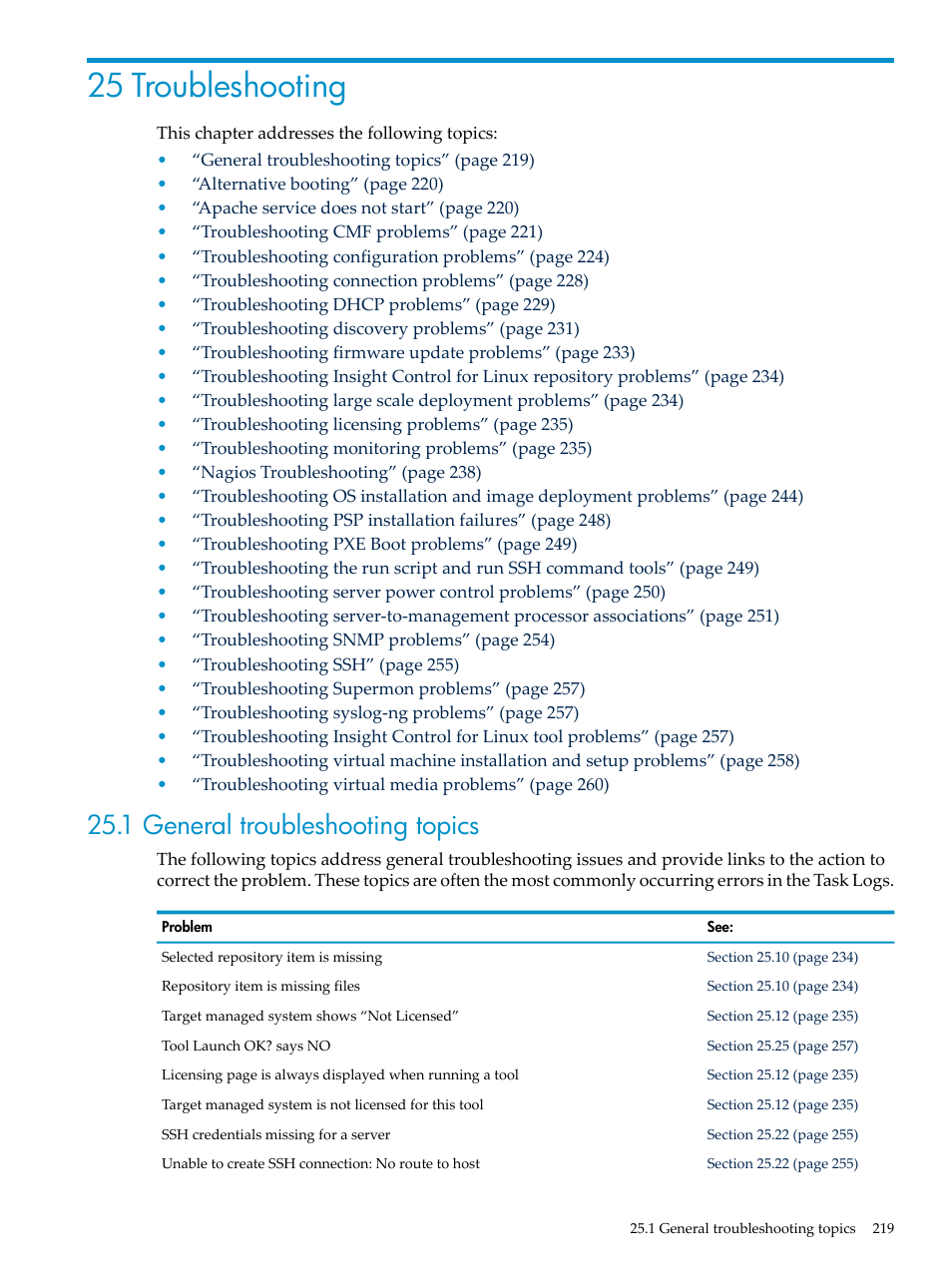 25 troubleshooting, 1 general troubleshooting topics | HP Insight Control Software for Linux User Manual | Page 219 / 288