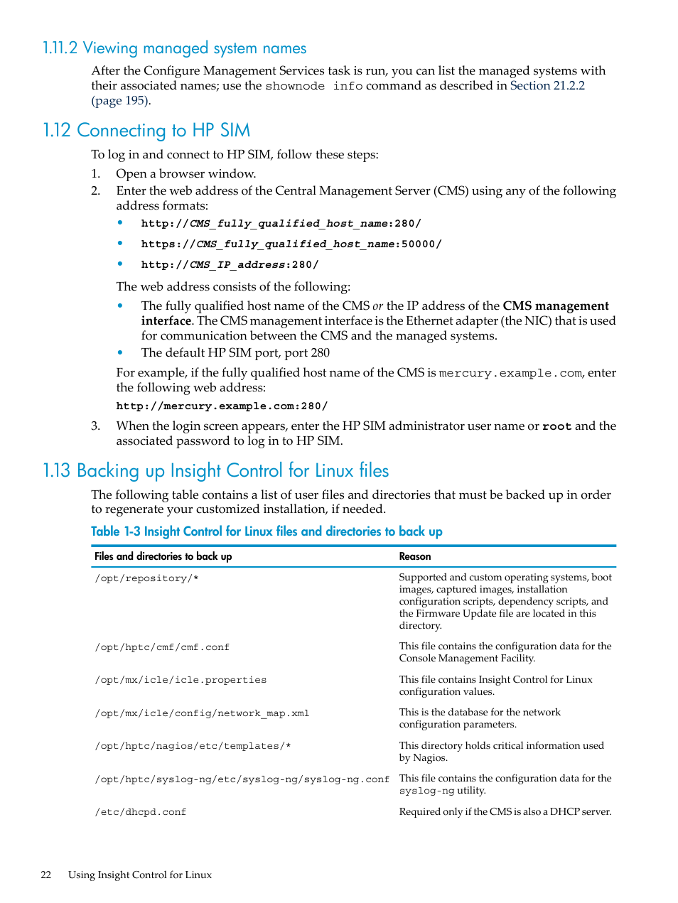 2 viewing managed system names, 12 connecting to hp sim, 13 backing up insight control for linux files | HP Insight Control Software for Linux User Manual | Page 22 / 288