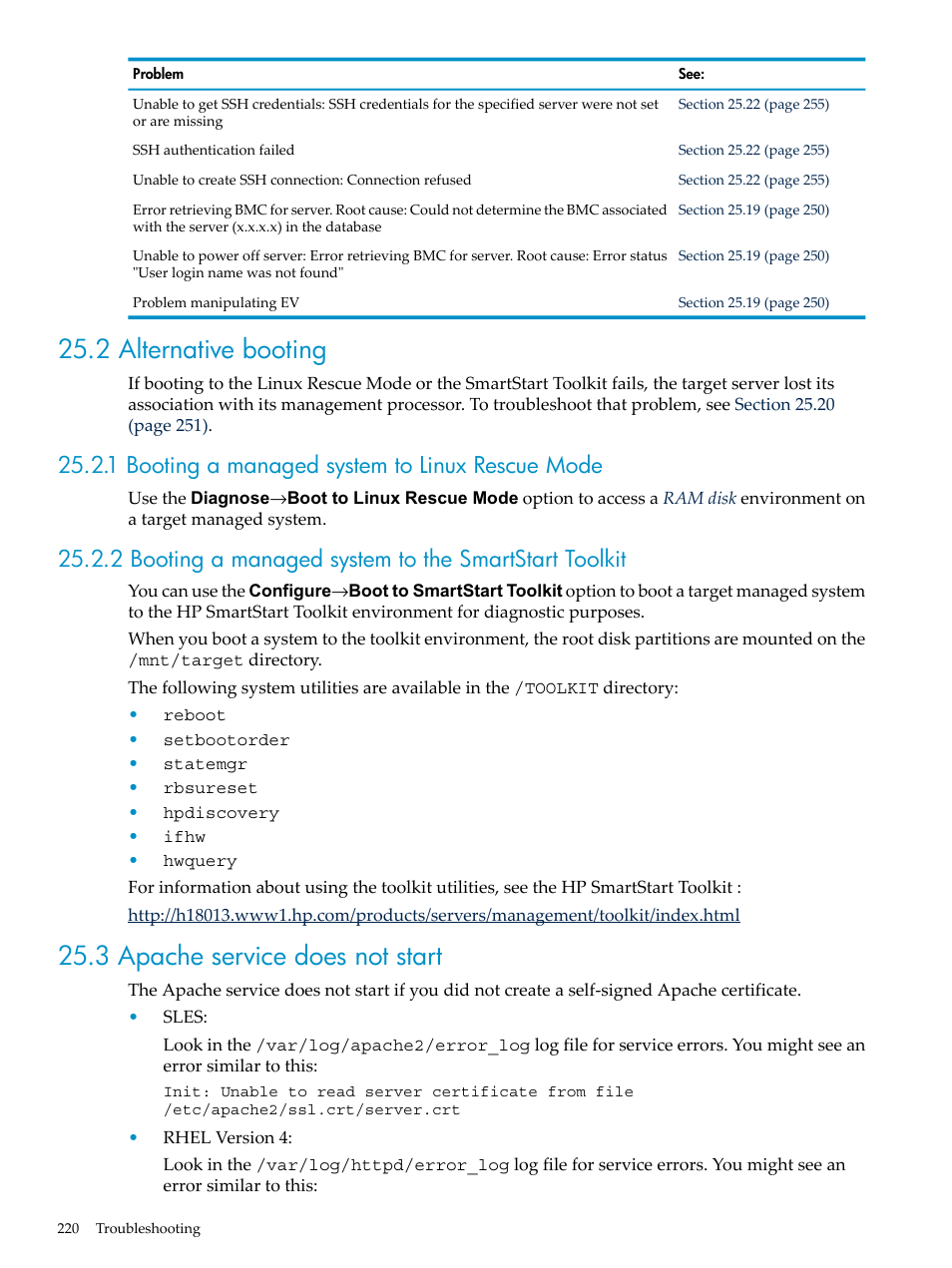 2 alternative booting, 1 booting a managed system to linux rescue mode, 3 apache service does not start | HP Insight Control Software for Linux User Manual | Page 220 / 288