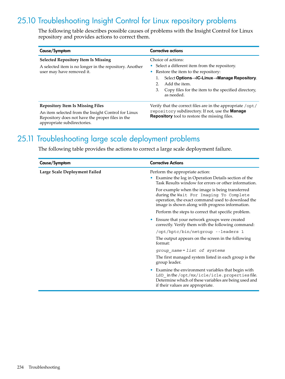 11 troubleshooting large scale deployment problems | HP Insight Control Software for Linux User Manual | Page 234 / 288