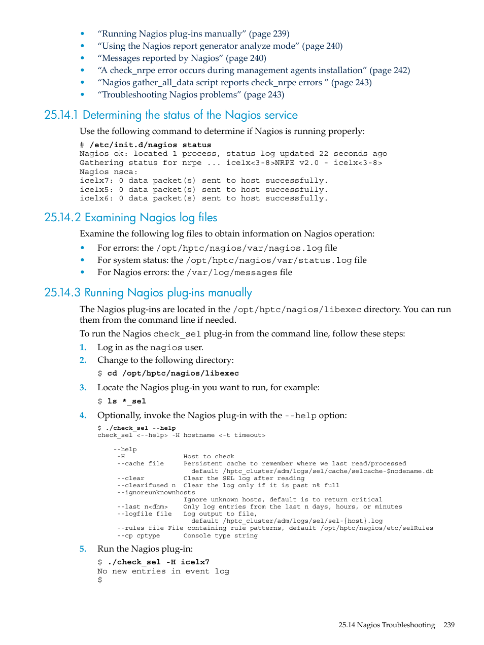 1 determining the status of the nagios service, 2 examining nagios log files, 3 running nagios plug-ins manually | HP Insight Control Software for Linux User Manual | Page 239 / 288