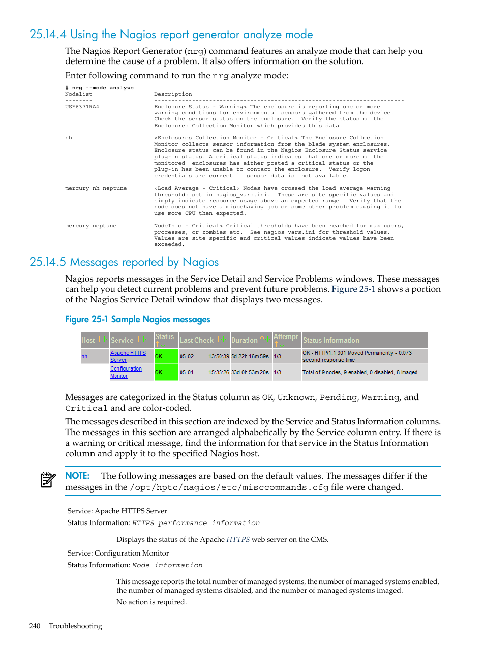 4 using the nagios report generator analyze mode, 5 messages reported by nagios | HP Insight Control Software for Linux User Manual | Page 240 / 288