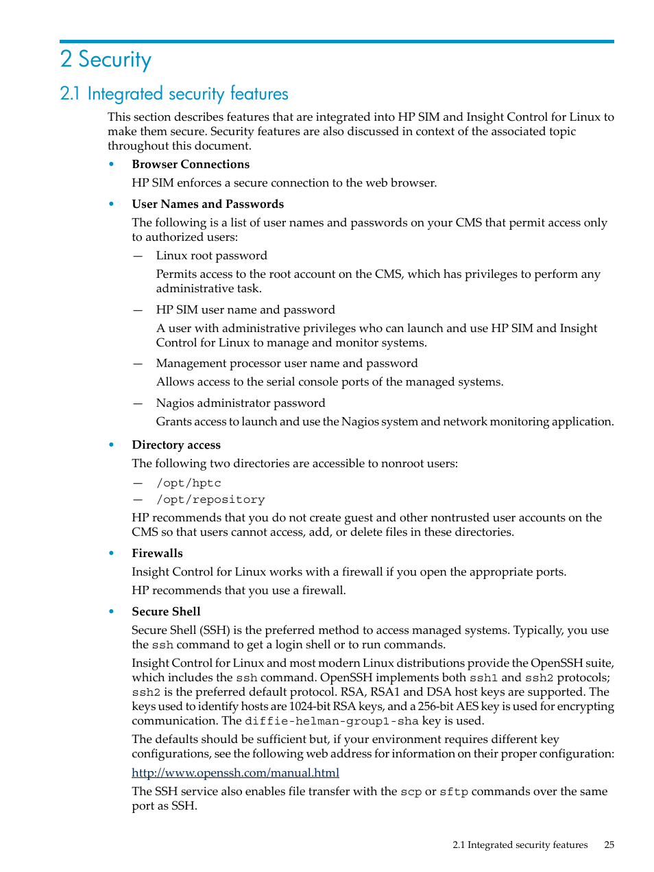 2 security, 1 integrated security features | HP Insight Control Software for Linux User Manual | Page 25 / 288