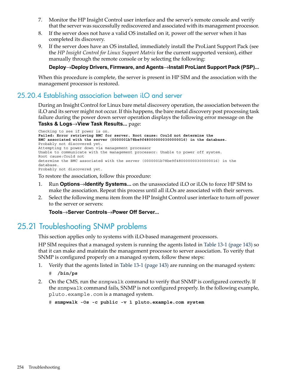 4 establishing association between ilo and server, 21 troubleshooting snmp problems | HP Insight Control Software for Linux User Manual | Page 254 / 288