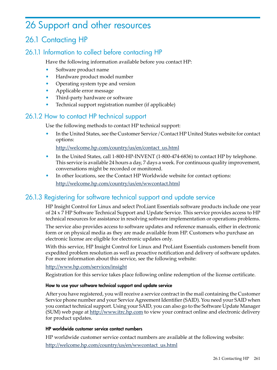 26 support and other resources, 1 contacting hp, 1 information to collect before contacting hp | 2 how to contact hp technical support | HP Insight Control Software for Linux User Manual | Page 261 / 288