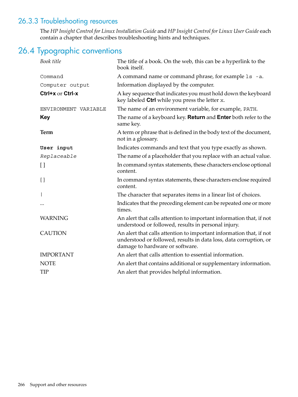 3 troubleshooting resources, 4 typographic conventions | HP Insight Control Software for Linux User Manual | Page 266 / 288