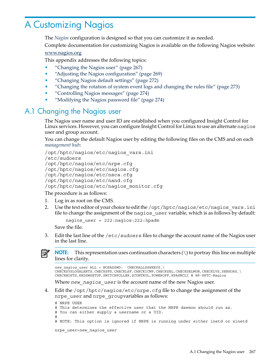 A customizing nagios, A.1 changing the nagios user | HP Insight Control Software for Linux User Manual | Page 267 / 288