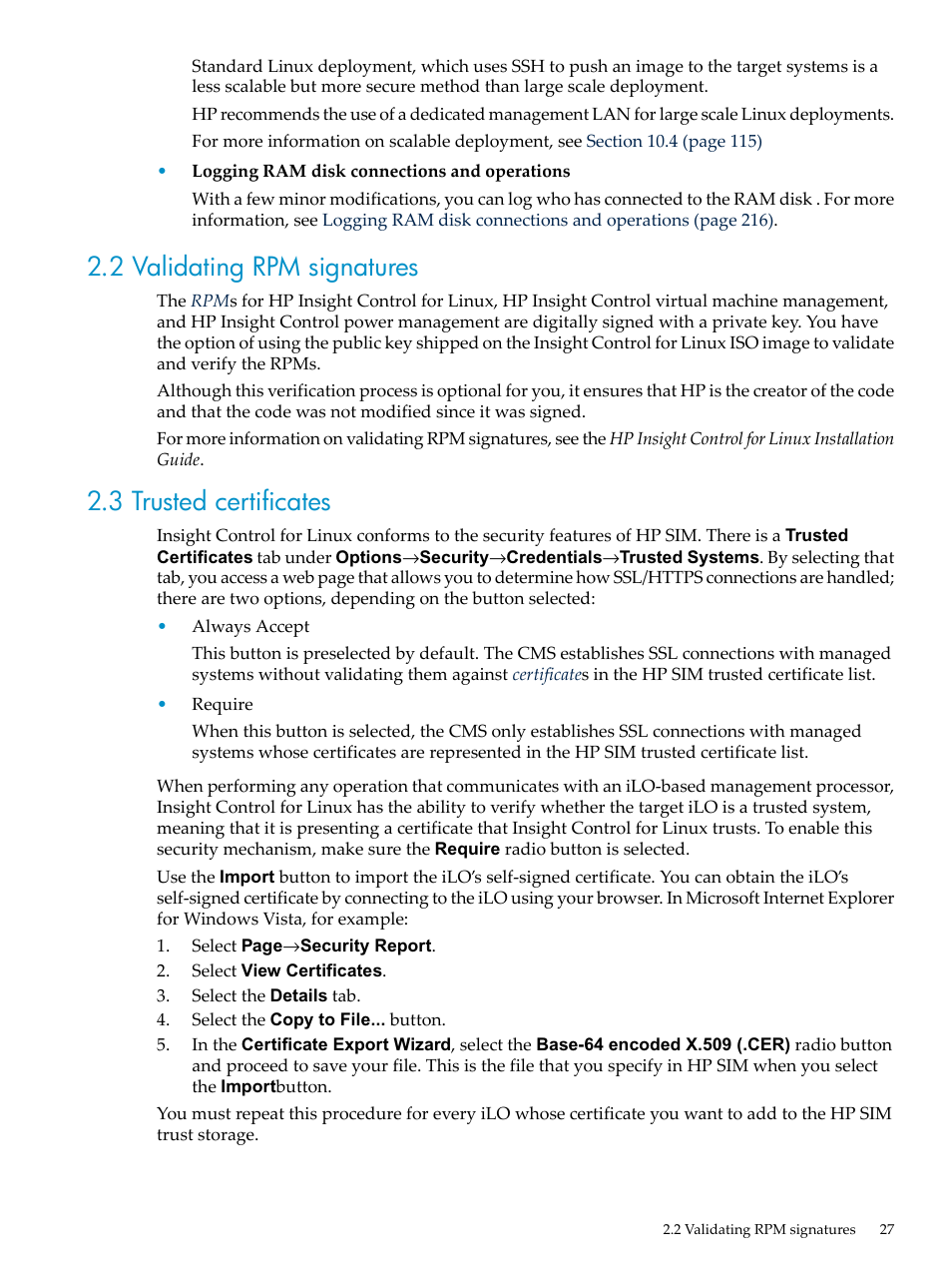 2 validating rpm signatures, 3 trusted certificates | HP Insight Control Software for Linux User Manual | Page 27 / 288