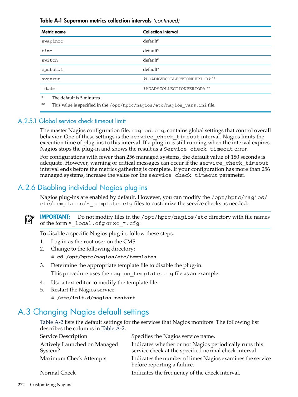 A.2.5.1 global service check timeout limit, A.2.6 disabling individual nagios plug-ins, A.3 changing nagios default settings | HP Insight Control Software for Linux User Manual | Page 272 / 288