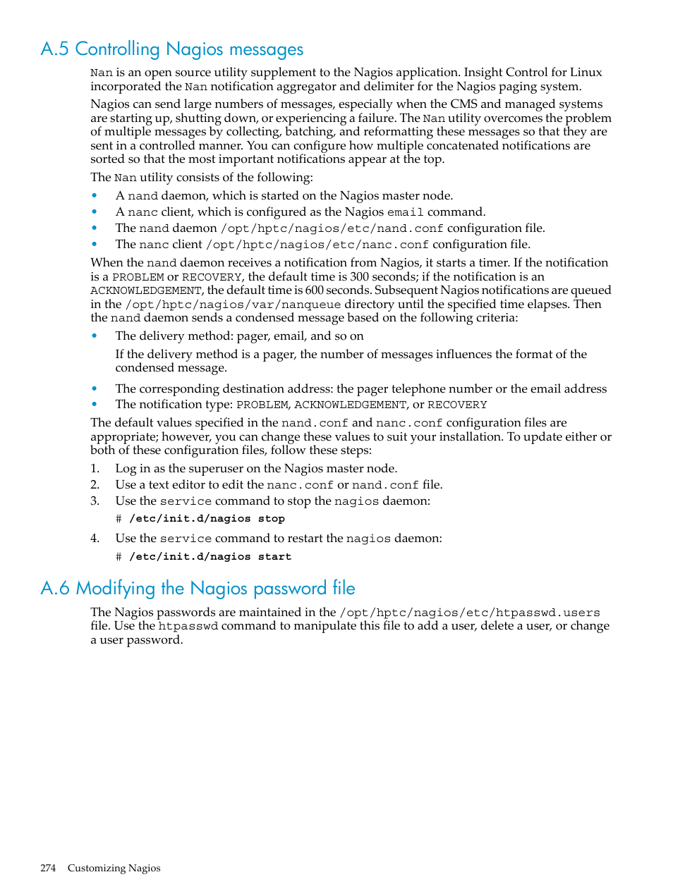 A.5 controlling nagios messages, A.6 modifying the nagios password file | HP Insight Control Software for Linux User Manual | Page 274 / 288