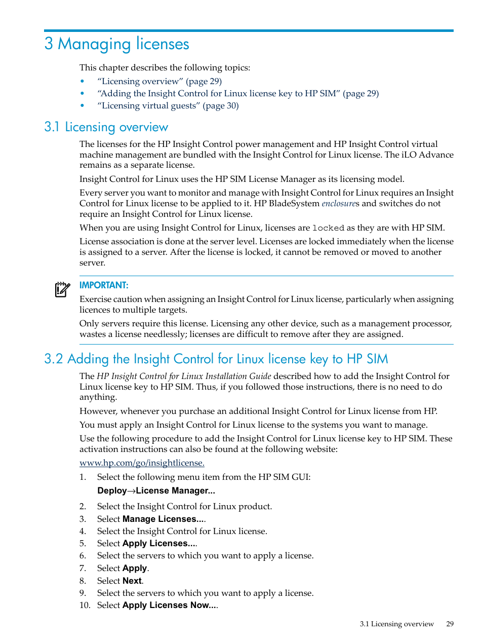 3 managing licenses, 1 licensing overview | HP Insight Control Software for Linux User Manual | Page 29 / 288