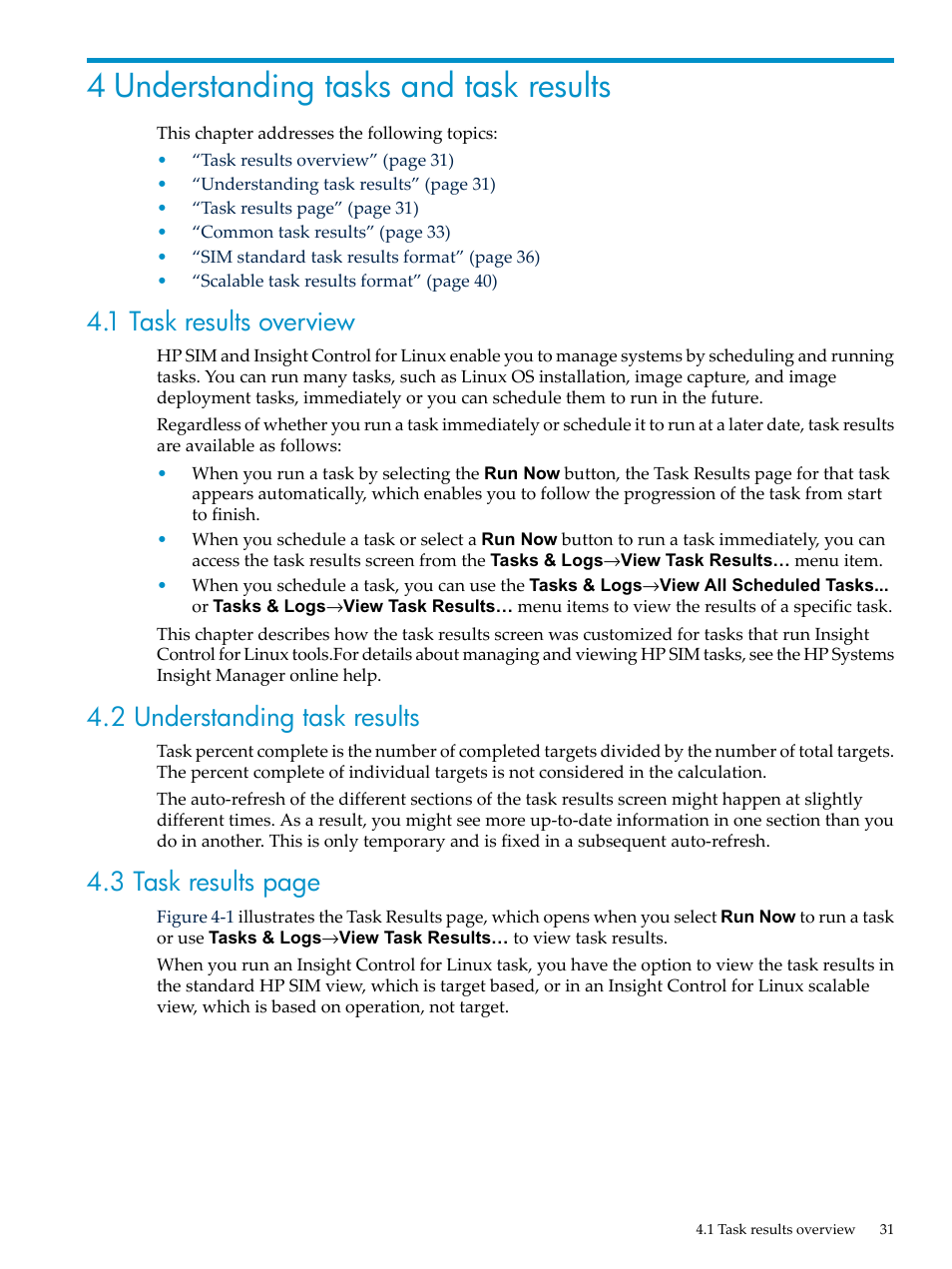 4 understanding tasks and task results, 1 task results overview, 2 understanding task results | 3 task results page | HP Insight Control Software for Linux User Manual | Page 31 / 288