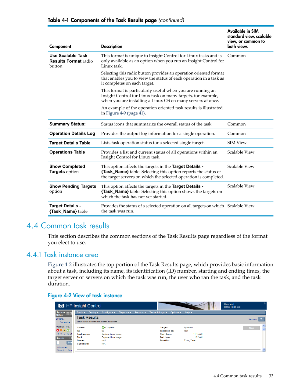 4 common task results, 1 task instance area | HP Insight Control Software for Linux User Manual | Page 33 / 288