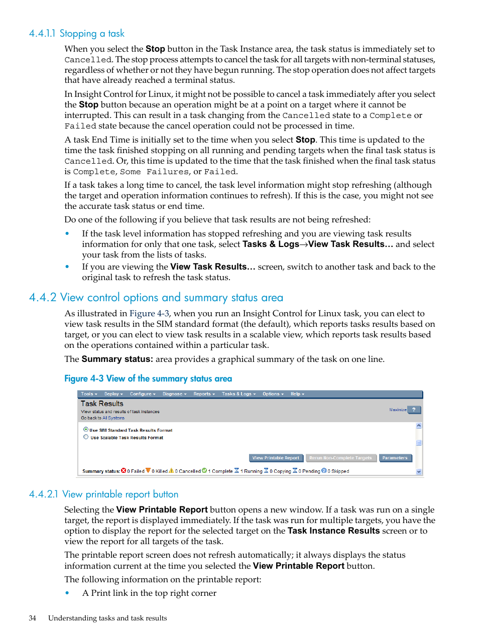 1 stopping a task, 2 view control options and summary status area, 1 view printable report button | HP Insight Control Software for Linux User Manual | Page 34 / 288