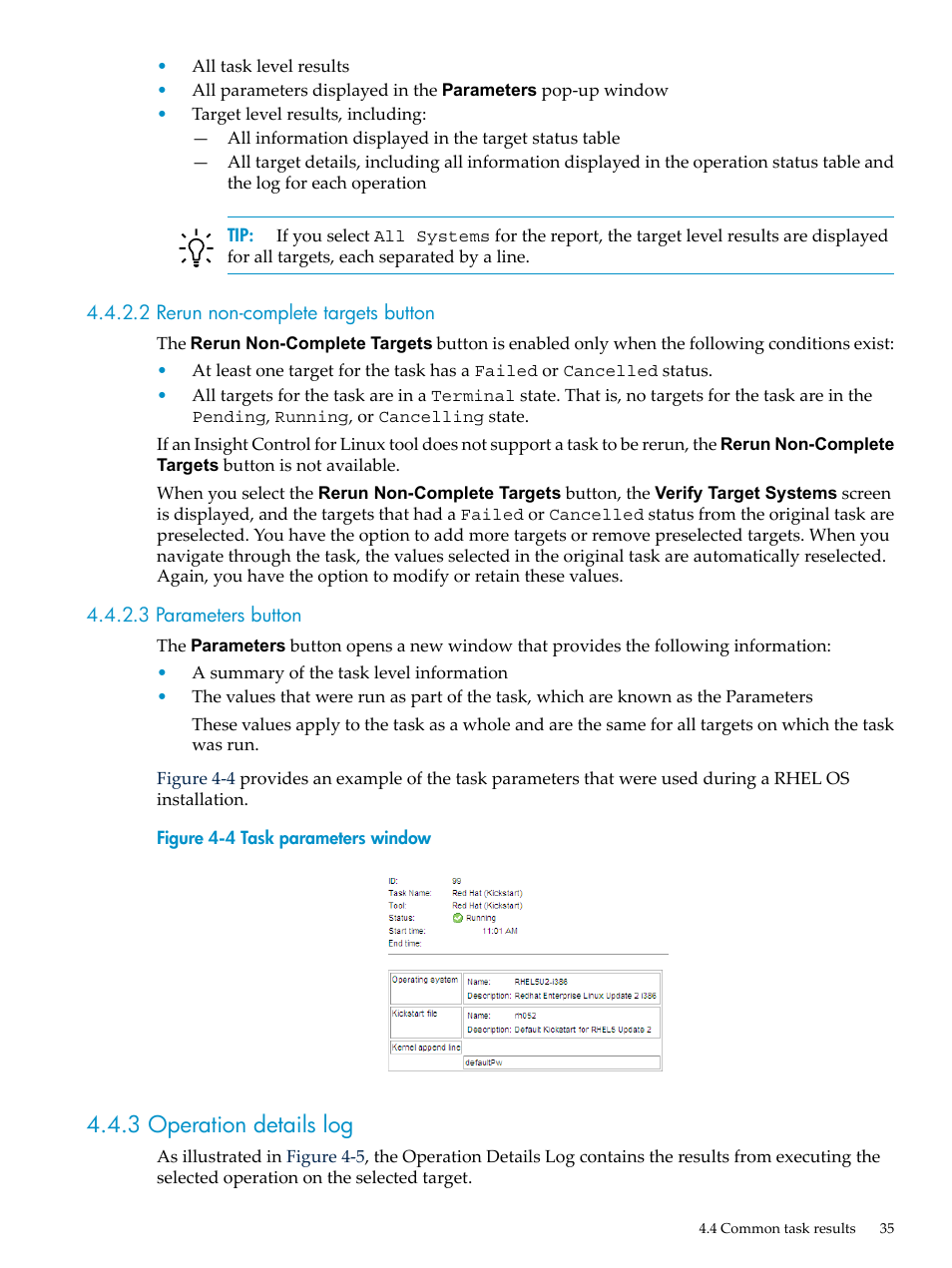 2 rerun non-complete targets button, 3 parameters button, 3 operation details log | HP Insight Control Software for Linux User Manual | Page 35 / 288