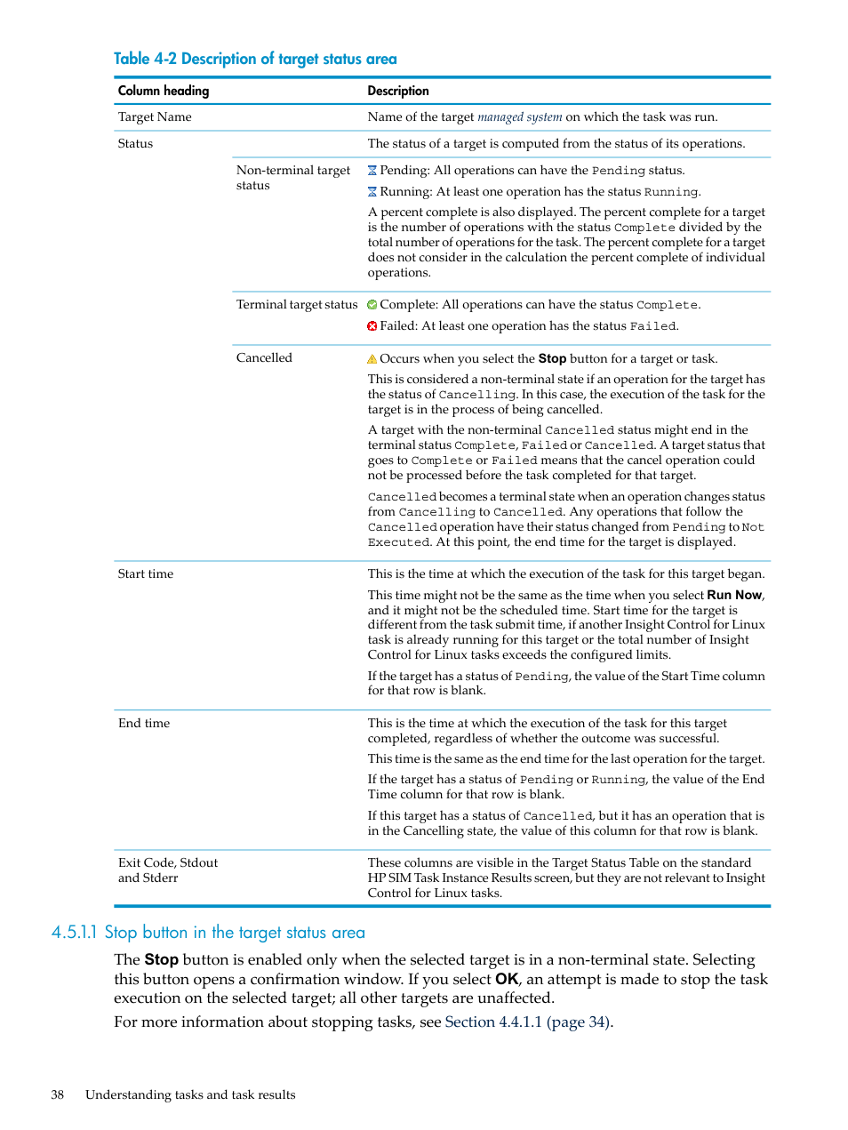 1 stop button in the target status area | HP Insight Control Software for Linux User Manual | Page 38 / 288