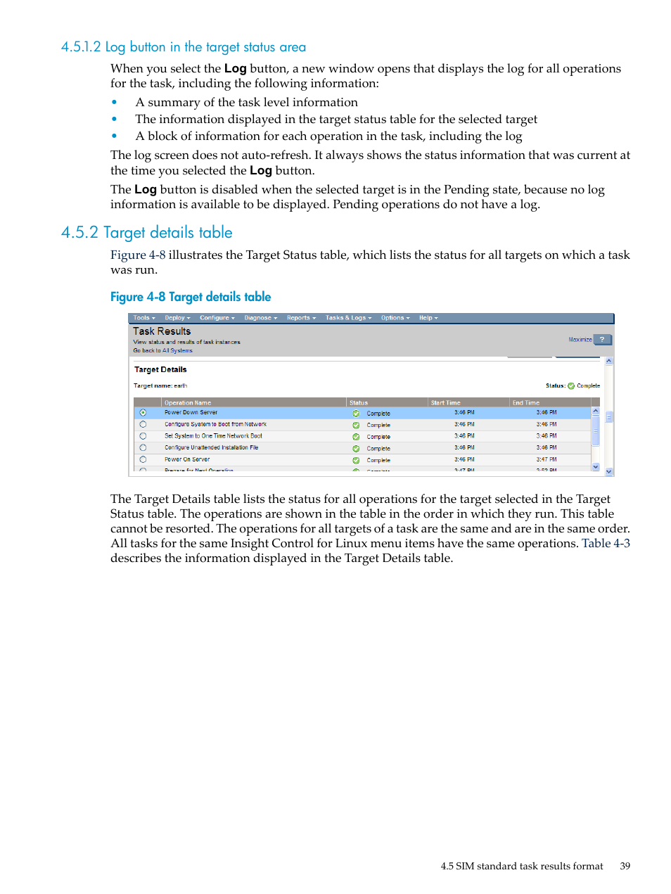 2 log button in the target status area, 2 target details table | HP Insight Control Software for Linux User Manual | Page 39 / 288