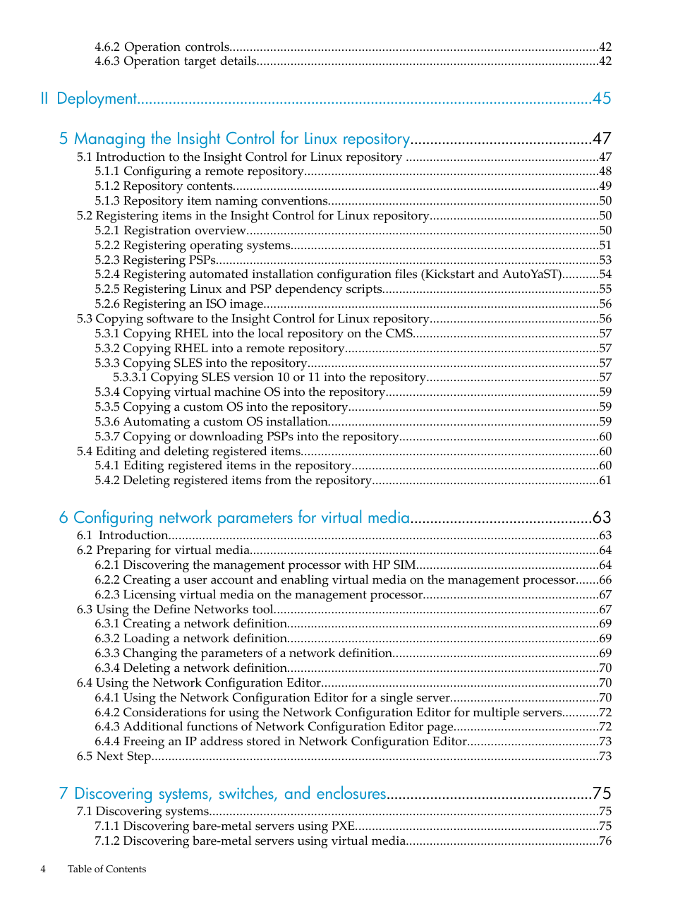 6 configuring network parameters for virtual media, 7 discovering systems, switches, and enclosures | HP Insight Control Software for Linux User Manual | Page 4 / 288