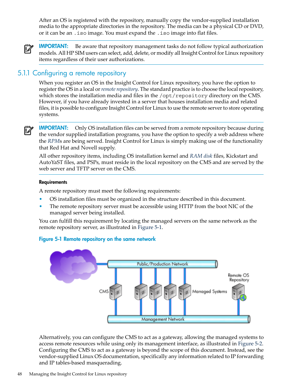 1 configuring a remote repository, Section 5.1.1 | HP Insight Control Software for Linux User Manual | Page 48 / 288