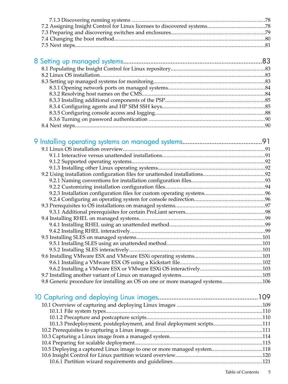 8 setting up managed systems, 9 installing operating systems on managed systems, 10 capturing and deploying linux images | HP Insight Control Software for Linux User Manual | Page 5 / 288