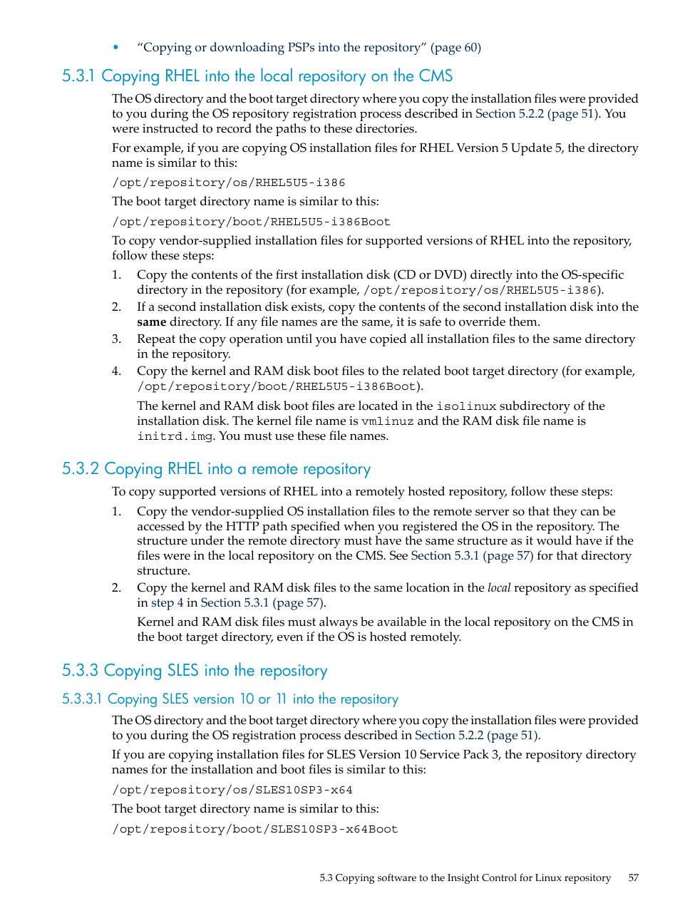 2 copying rhel into a remote repository, 3 copying sles into the repository | HP Insight Control Software for Linux User Manual | Page 57 / 288