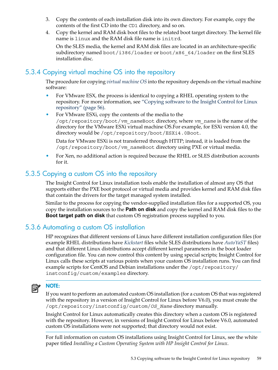 4 copying virtual machine os into the repository, 5 copying a custom os into the repository, 6 automating a custom os installation | HP Insight Control Software for Linux User Manual | Page 59 / 288