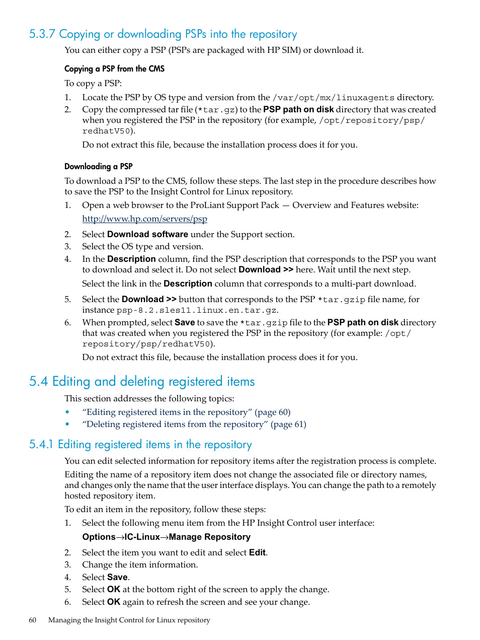 7 copying or downloading psps into the repository, 4 editing and deleting registered items, 1 editing registered items in the repository | HP Insight Control Software for Linux User Manual | Page 60 / 288