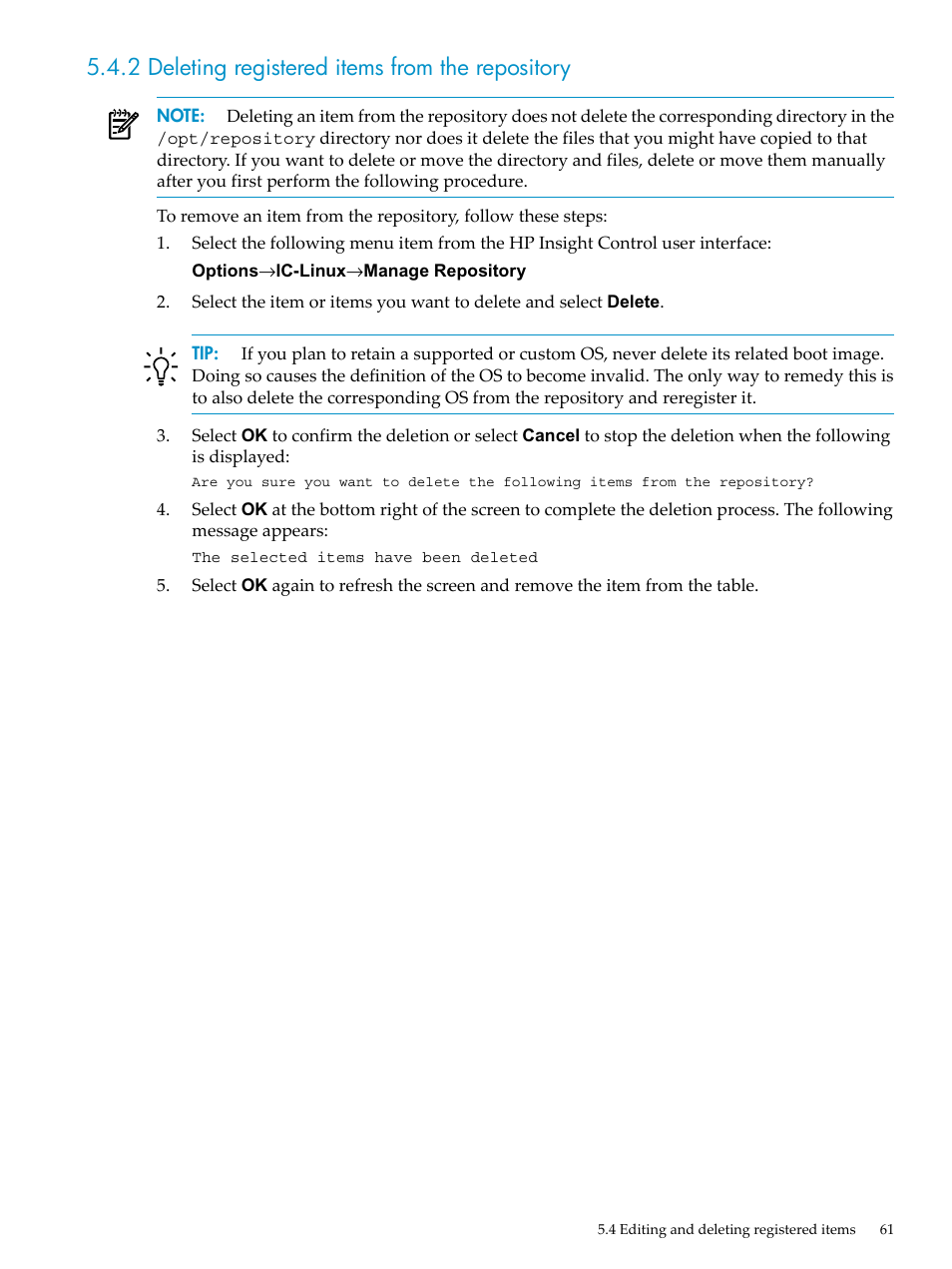 2 deleting registered items from the repository | HP Insight Control Software for Linux User Manual | Page 61 / 288